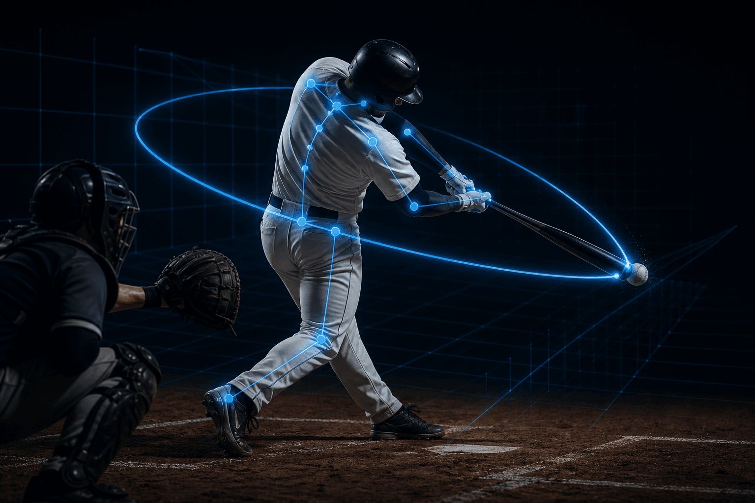 Baseball batter at contact with motion-capture skeletal overlay