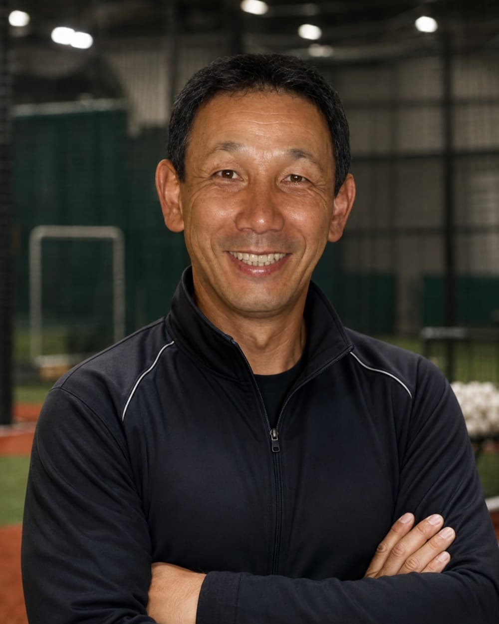 Sugimoto, head coach of MOONSHOT, at an indoor baseball training facility
