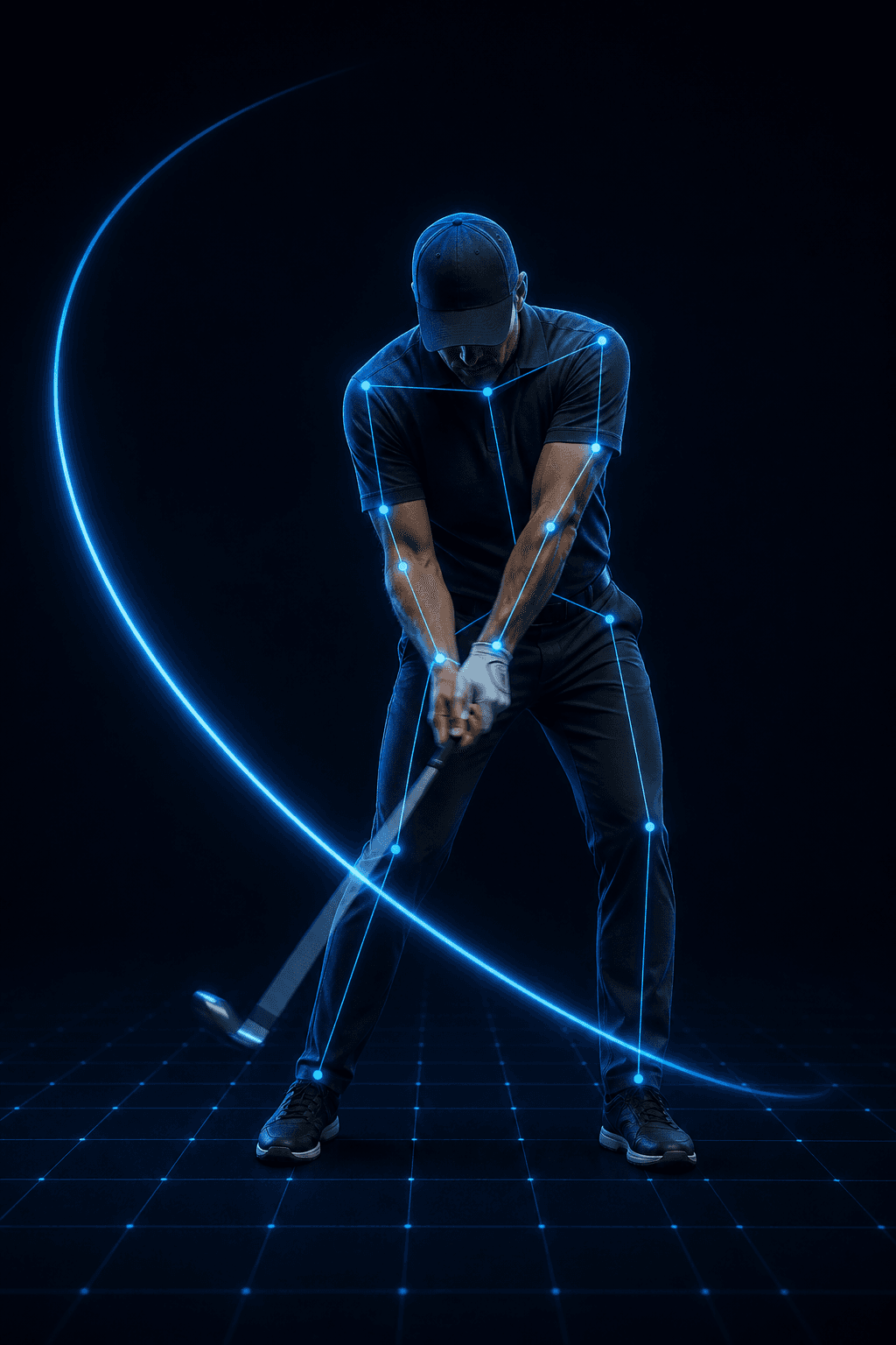 Golfer in the downswing with 3D skeletal tracking overlay and club-path arc